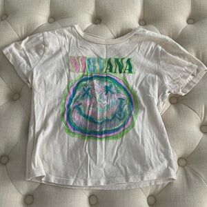NIRVANA White Kids Short Sleeve Tee with Neon Green Pink Blue Smiley